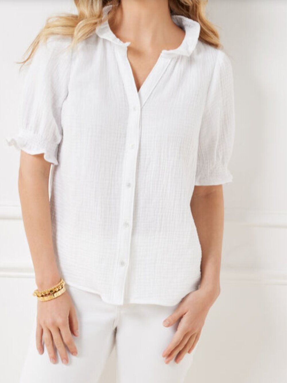 TALBOTS Size 3X Gauzy White Ruffle Collar Button-Down Blouse Smocked Crisp